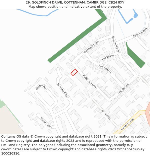 29, GOLDFINCH DRIVE, COTTENHAM, CAMBRIDGE, CB24 8XY: Location map and indicative extent of plot