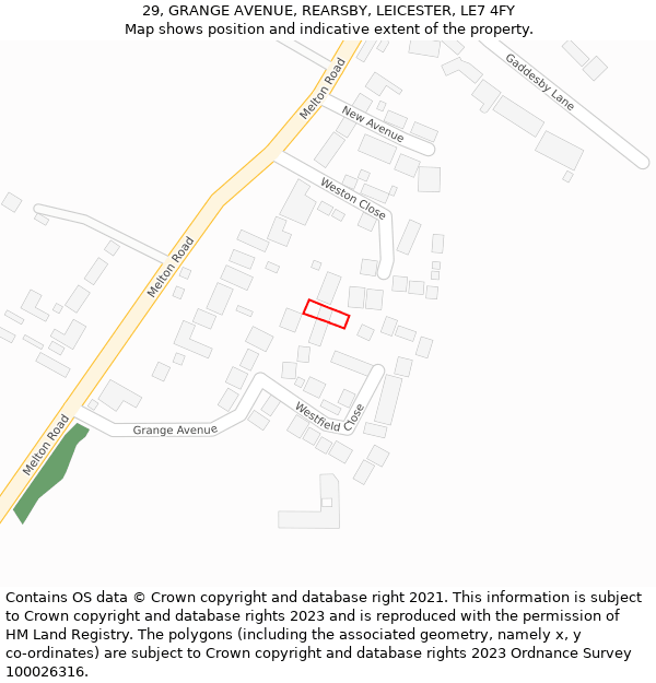 29, GRANGE AVENUE, REARSBY, LEICESTER, LE7 4FY: Location map and indicative extent of plot