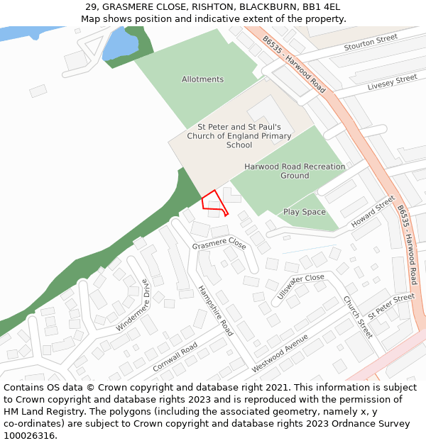 29, GRASMERE CLOSE, RISHTON, BLACKBURN, BB1 4EL: Location map and indicative extent of plot