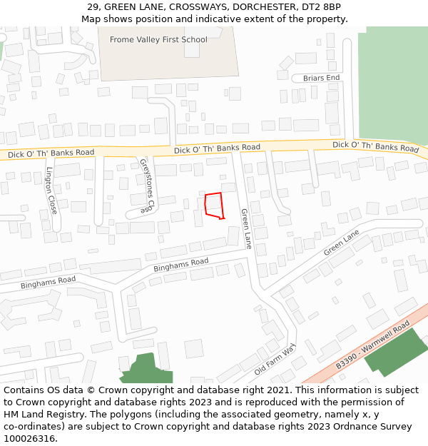 29, GREEN LANE, CROSSWAYS, DORCHESTER, DT2 8BP: Location map and indicative extent of plot