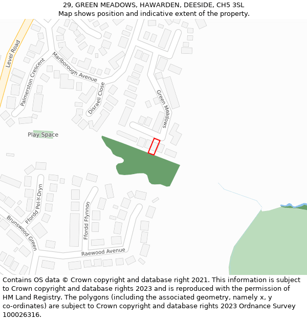 29, GREEN MEADOWS, HAWARDEN, DEESIDE, CH5 3SL: Location map and indicative extent of plot