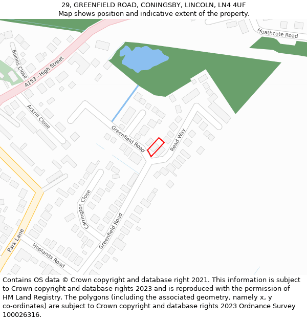 29, GREENFIELD ROAD, CONINGSBY, LINCOLN, LN4 4UF: Location map and indicative extent of plot
