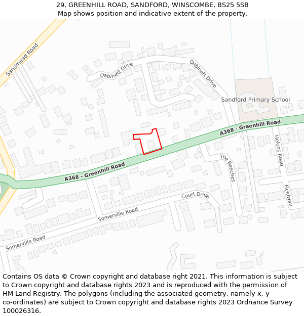 29, GREENHILL ROAD, SANDFORD, WINSCOMBE, BS25 5SB: Location map and indicative extent of plot