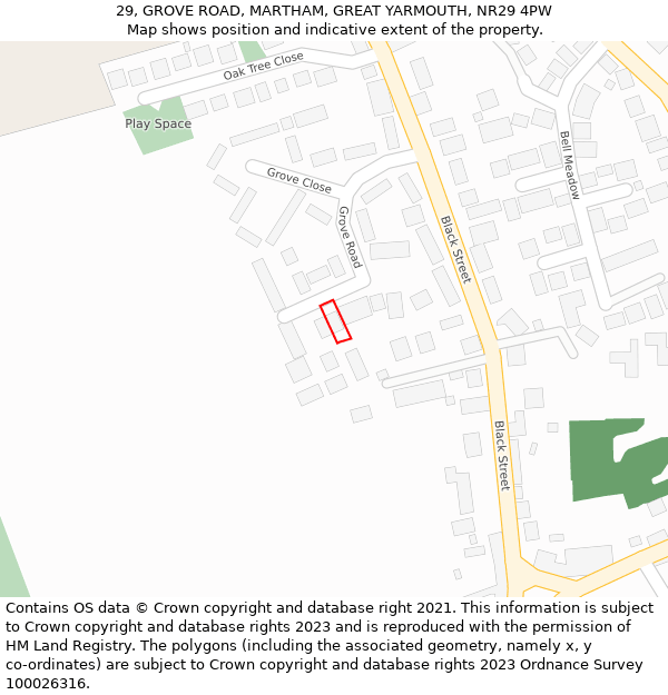 29, GROVE ROAD, MARTHAM, GREAT YARMOUTH, NR29 4PW: Location map and indicative extent of plot
