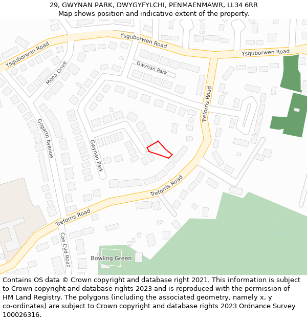 29, GWYNAN PARK, DWYGYFYLCHI, PENMAENMAWR, LL34 6RR: Location map and indicative extent of plot