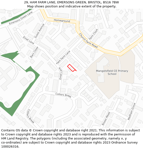 29, HAM FARM LANE, EMERSONS GREEN, BRISTOL, BS16 7BW: Location map and indicative extent of plot