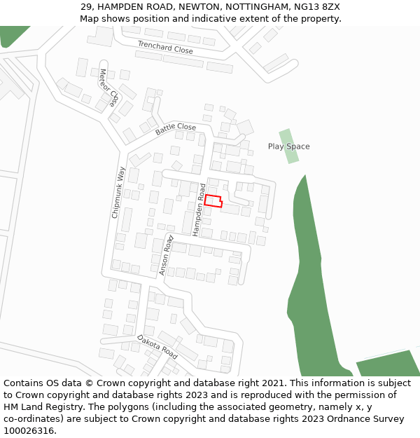 29, HAMPDEN ROAD, NEWTON, NOTTINGHAM, NG13 8ZX: Location map and indicative extent of plot