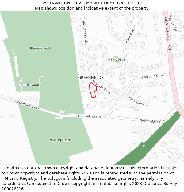 29, HAMPTON DRIVE, MARKET DRAYTON, TF9 3RP: Location map and indicative extent of plot