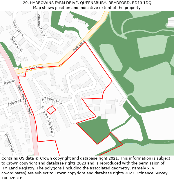 29, HARROWINS FARM DRIVE, QUEENSBURY, BRADFORD, BD13 1DQ: Location map and indicative extent of plot