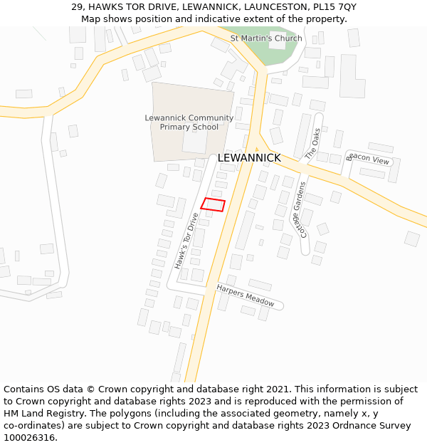 29, HAWKS TOR DRIVE, LEWANNICK, LAUNCESTON, PL15 7QY: Location map and indicative extent of plot