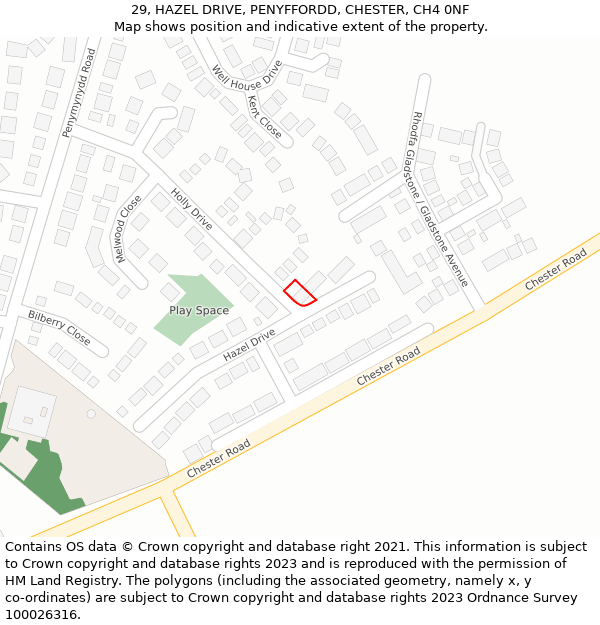 29, HAZEL DRIVE, PENYFFORDD, CHESTER, CH4 0NF: Location map and indicative extent of plot