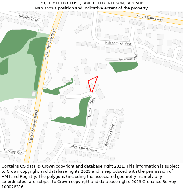 29, HEATHER CLOSE, BRIERFIELD, NELSON, BB9 5HB: Location map and indicative extent of plot