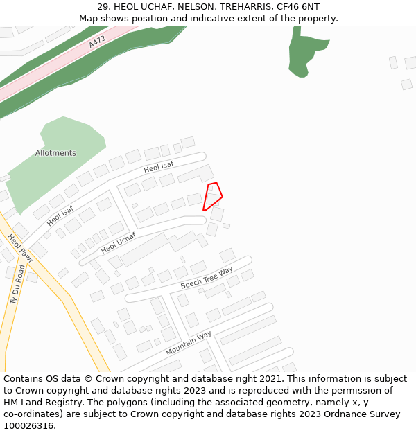 29, HEOL UCHAF, NELSON, TREHARRIS, CF46 6NT: Location map and indicative extent of plot