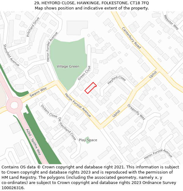 29, HEYFORD CLOSE, HAWKINGE, FOLKESTONE, CT18 7FQ: Location map and indicative extent of plot