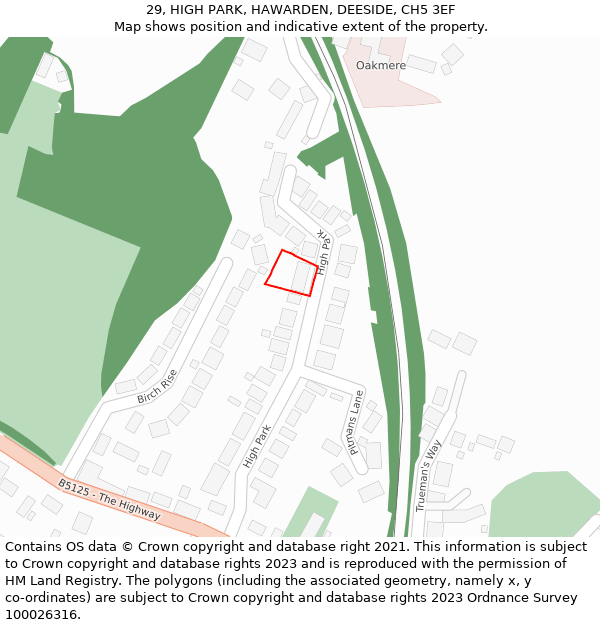29, HIGH PARK, HAWARDEN, DEESIDE, CH5 3EF: Location map and indicative extent of plot