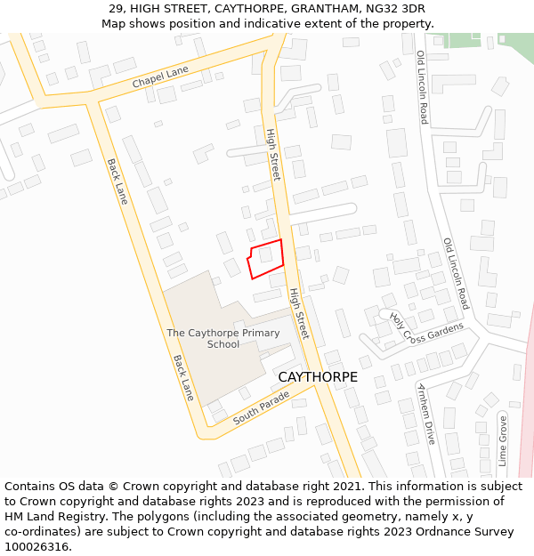 29, HIGH STREET, CAYTHORPE, GRANTHAM, NG32 3DR: Location map and indicative extent of plot