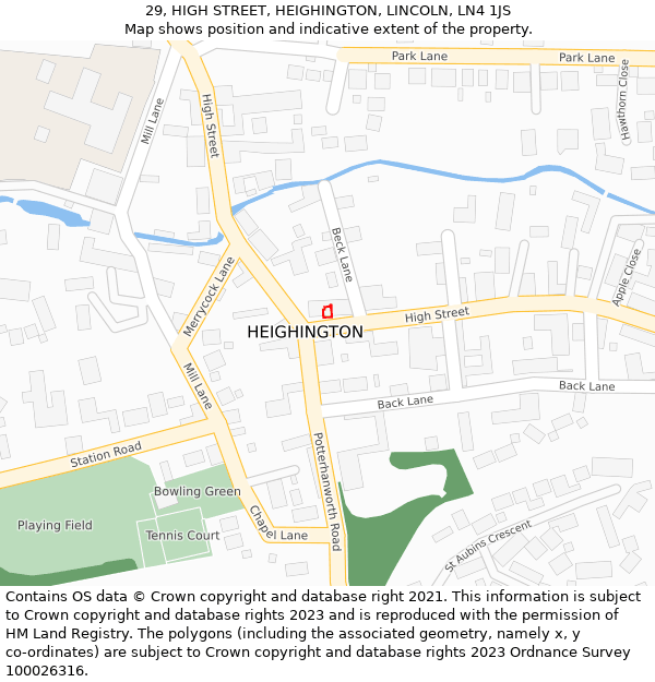 29, HIGH STREET, HEIGHINGTON, LINCOLN, LN4 1JS: Location map and indicative extent of plot