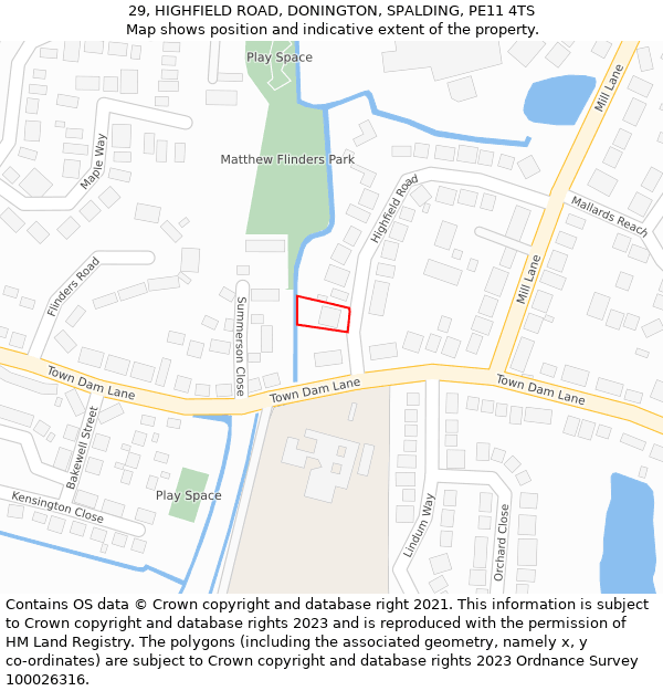 29, HIGHFIELD ROAD, DONINGTON, SPALDING, PE11 4TS: Location map and indicative extent of plot