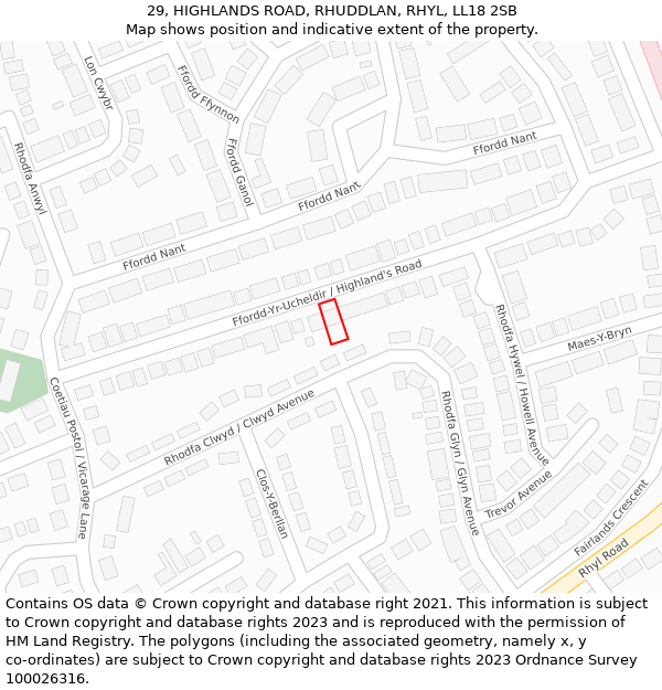 29, HIGHLANDS ROAD, RHUDDLAN, RHYL, LL18 2SB: Location map and indicative extent of plot