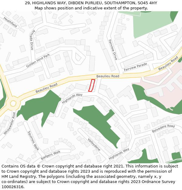 29, HIGHLANDS WAY, DIBDEN PURLIEU, SOUTHAMPTON, SO45 4HY: Location map and indicative extent of plot