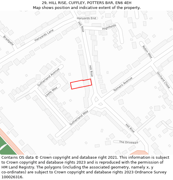 29, HILL RISE, CUFFLEY, POTTERS BAR, EN6 4EH: Location map and indicative extent of plot