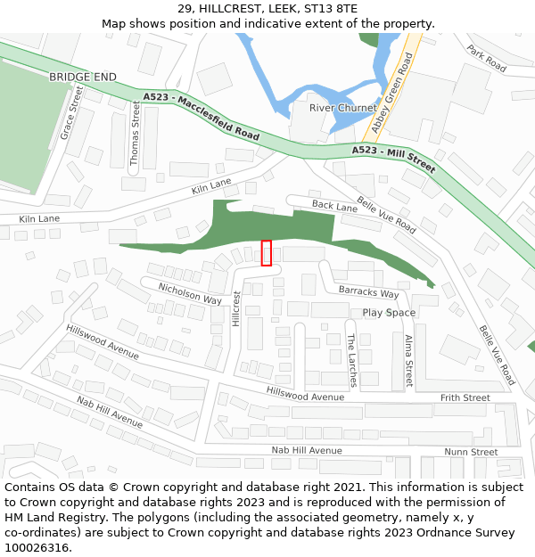 29, HILLCREST, LEEK, ST13 8TE: Location map and indicative extent of plot