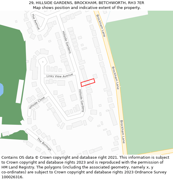 29, HILLSIDE GARDENS, BROCKHAM, BETCHWORTH, RH3 7ER: Location map and indicative extent of plot