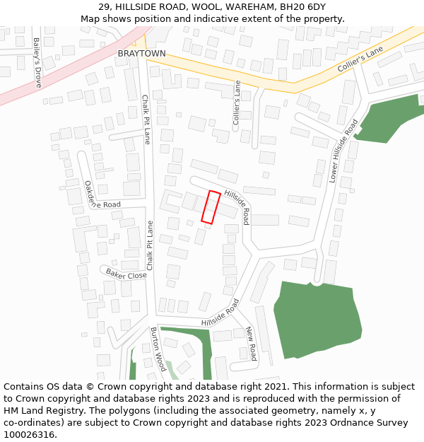 29, HILLSIDE ROAD, WOOL, WAREHAM, BH20 6DY: Location map and indicative extent of plot