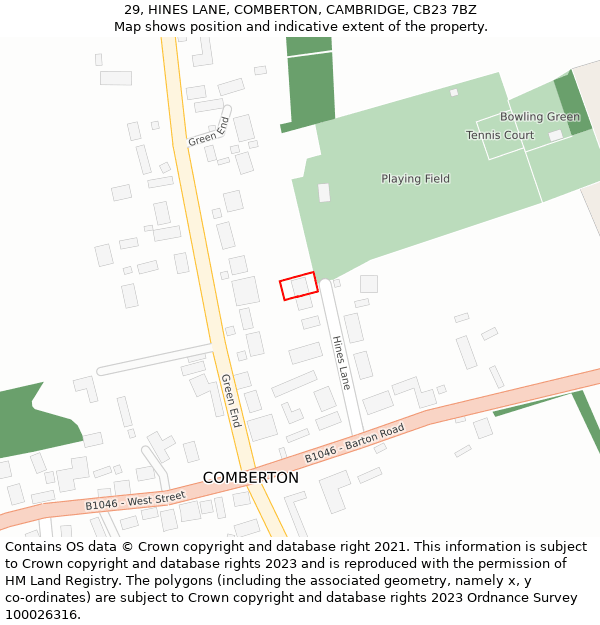 29, HINES LANE, COMBERTON, CAMBRIDGE, CB23 7BZ: Location map and indicative extent of plot