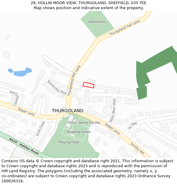 29, HOLLIN MOOR VIEW, THURGOLAND, SHEFFIELD, S35 7EE: Location map and indicative extent of plot