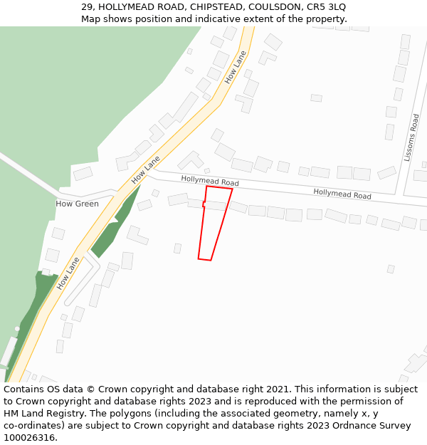 29, HOLLYMEAD ROAD, CHIPSTEAD, COULSDON, CR5 3LQ: Location map and indicative extent of plot