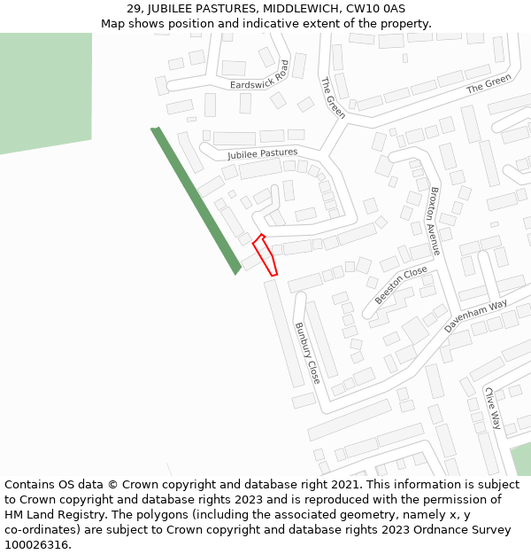 29, JUBILEE PASTURES, MIDDLEWICH, CW10 0AS: Location map and indicative extent of plot