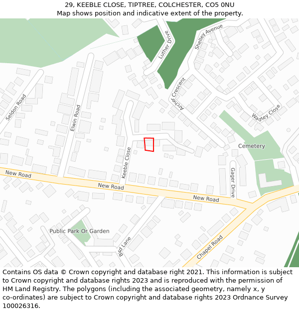 29, KEEBLE CLOSE, TIPTREE, COLCHESTER, CO5 0NU: Location map and indicative extent of plot