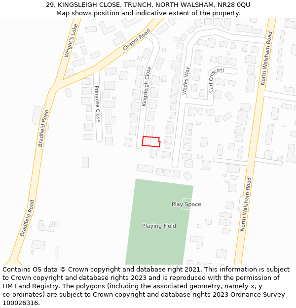 29, KINGSLEIGH CLOSE, TRUNCH, NORTH WALSHAM, NR28 0QU: Location map and indicative extent of plot