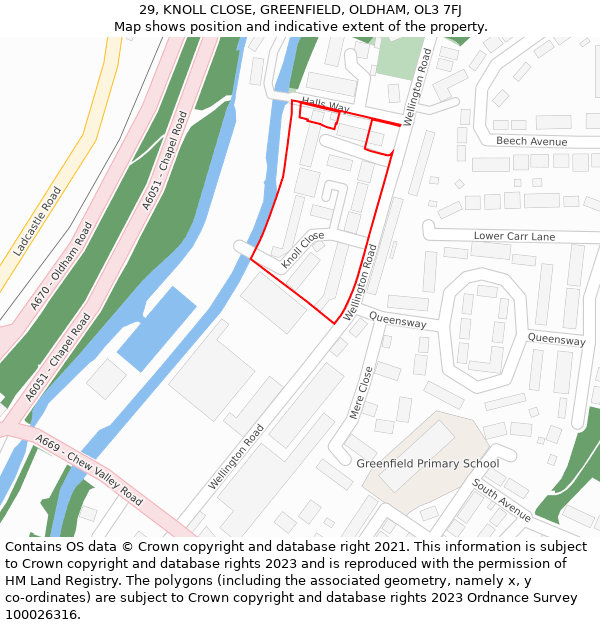 29, KNOLL CLOSE, GREENFIELD, OLDHAM, OL3 7FJ: Location map and indicative extent of plot