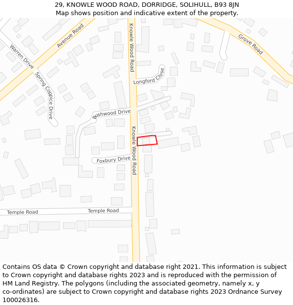 29, KNOWLE WOOD ROAD, DORRIDGE, SOLIHULL, B93 8JN: Location map and indicative extent of plot