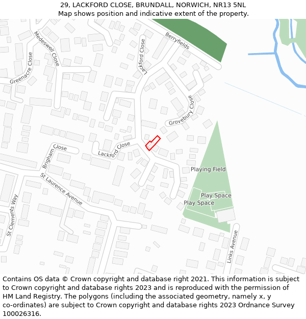 29, LACKFORD CLOSE, BRUNDALL, NORWICH, NR13 5NL: Location map and indicative extent of plot