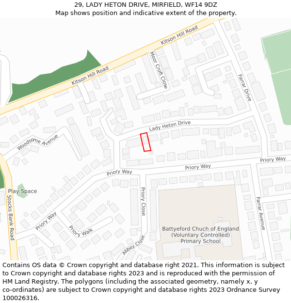 29, LADY HETON DRIVE, MIRFIELD, WF14 9DZ: Location map and indicative extent of plot
