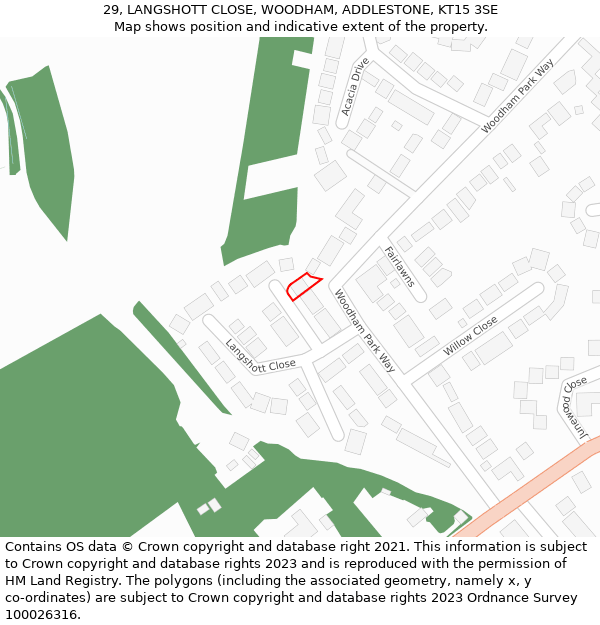 29, LANGSHOTT CLOSE, WOODHAM, ADDLESTONE, KT15 3SE: Location map and indicative extent of plot