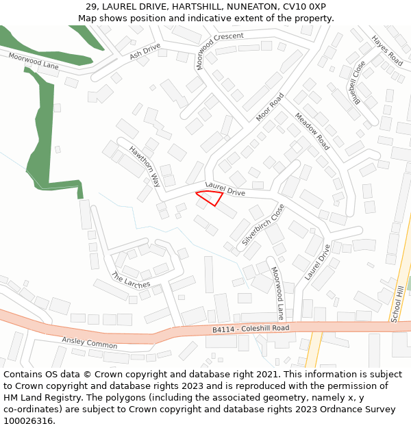 29, LAUREL DRIVE, HARTSHILL, NUNEATON, CV10 0XP: Location map and indicative extent of plot