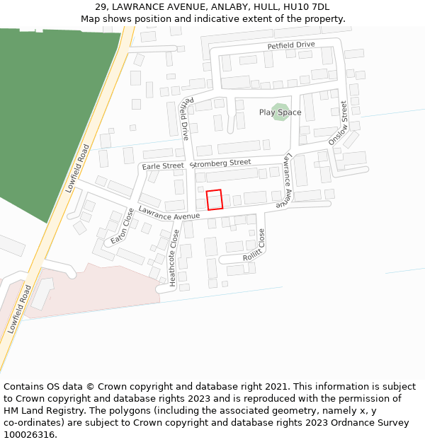 29, LAWRANCE AVENUE, ANLABY, HULL, HU10 7DL: Location map and indicative extent of plot