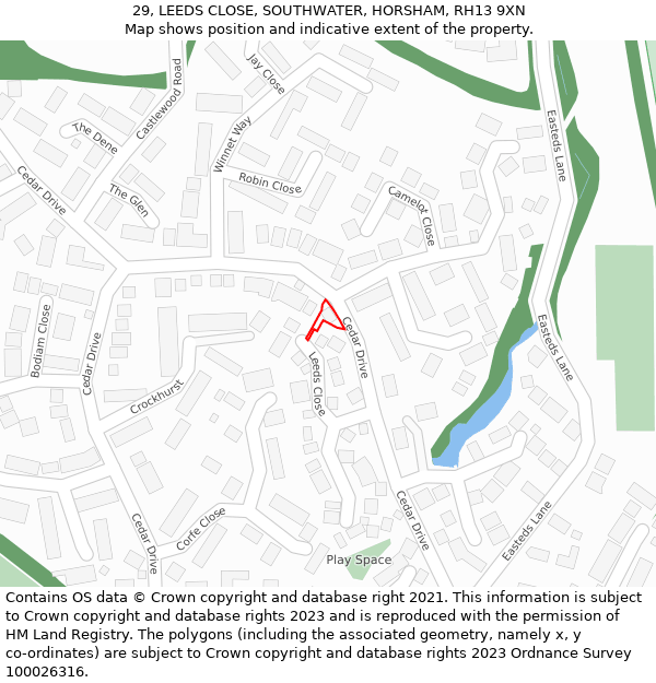 29, LEEDS CLOSE, SOUTHWATER, HORSHAM, RH13 9XN: Location map and indicative extent of plot