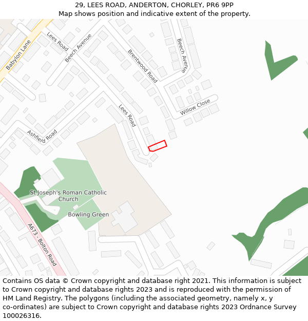 29, LEES ROAD, ANDERTON, CHORLEY, PR6 9PP: Location map and indicative extent of plot