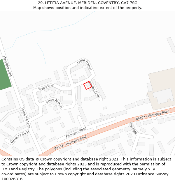 29, LETITIA AVENUE, MERIDEN, COVENTRY, CV7 7SG: Location map and indicative extent of plot