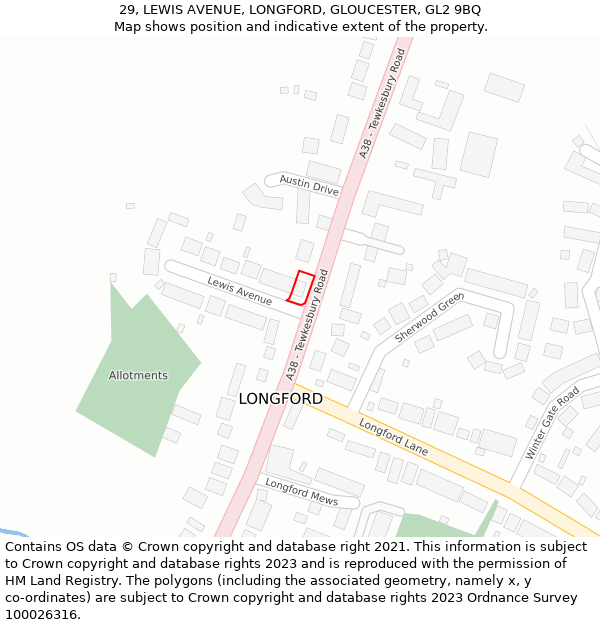 29, LEWIS AVENUE, LONGFORD, GLOUCESTER, GL2 9BQ: Location map and indicative extent of plot