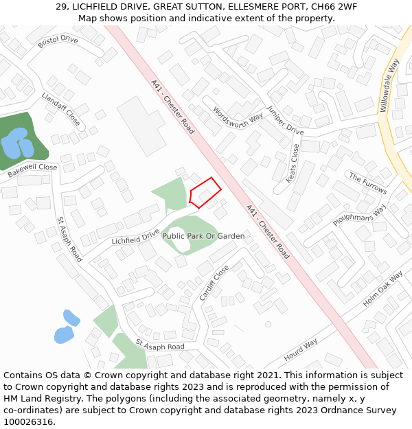 29, LICHFIELD DRIVE, GREAT SUTTON, ELLESMERE PORT, CH66 2WF: Location map and indicative extent of plot