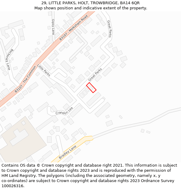 29, LITTLE PARKS, HOLT, TROWBRIDGE, BA14 6QR: Location map and indicative extent of plot