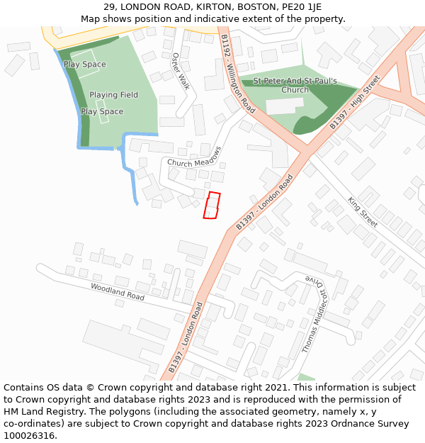 29, LONDON ROAD, KIRTON, BOSTON, PE20 1JE: Location map and indicative extent of plot