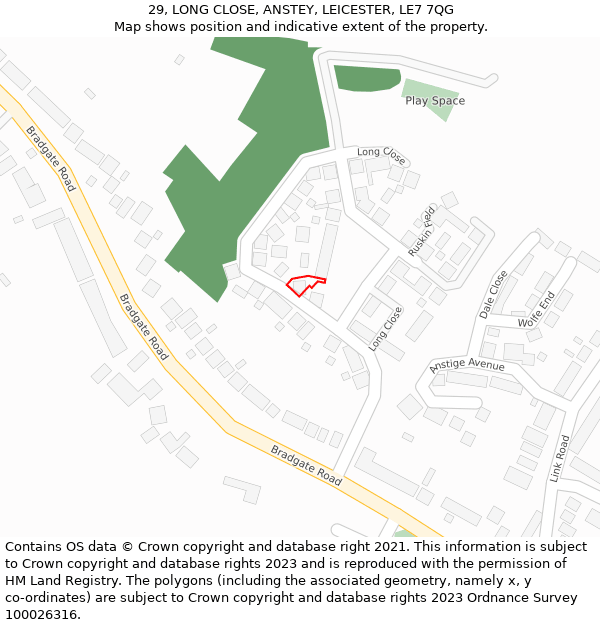 29, LONG CLOSE, ANSTEY, LEICESTER, LE7 7QG: Location map and indicative extent of plot