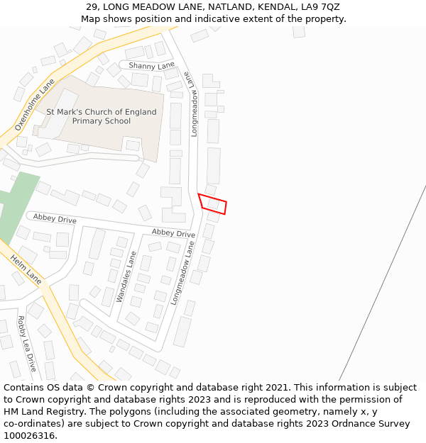 29, LONG MEADOW LANE, NATLAND, KENDAL, LA9 7QZ: Location map and indicative extent of plot